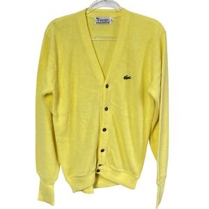 Izod Lacoste Cardigan Sweater Mens M Yellow Vintage V-Neck Crocodile Logo